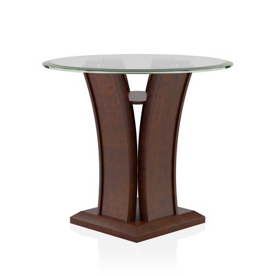 Gabriella Round Glass Top End Table Brown Cherry - HOMES: Inside + Out: Contemporary Pedestal, Tempered Top, Open Shelf