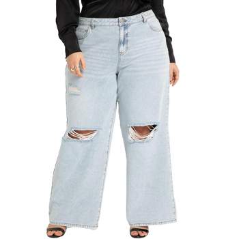 ELOQUII Women's Plus Size Wide Leg Distressed Jeans