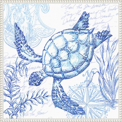 Coastal Sketchbook Turtle Blue Ink Canvas Wall Art with White Frame