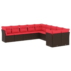vidaXL 10 Piece Patio Sofa Set with Cushions Brown Poly Rattan - Brown and Red Without Table - 1 of 4