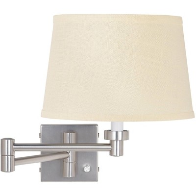 Possini Euro Design Modern Swing Arm Wall Lamp Brushed Nickel Plug-In Light Fixture Cream Burlap Drum Shade for Bedroom Bedside