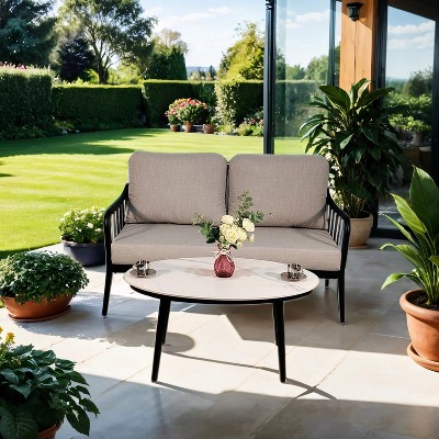 Christopher Knight Home Franklin 2pcs Aluminum Sintered Stone Loveseat Seating Sets with Sunbrella Cushions