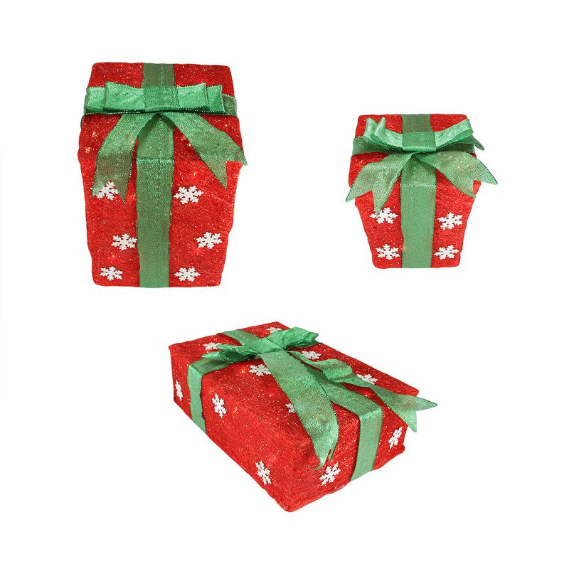 Northlight Set of 3 Lighted Red with Green Bows and Snowflakes Gift Boxes Outdoor Christmas Decorations 13", 1 of 3