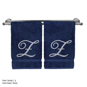 BC BARE COTTON Monogrammed Hand Towel, 100% Turkish Cotton - Set of 2 - Navy - Silver Script - 1 of 1