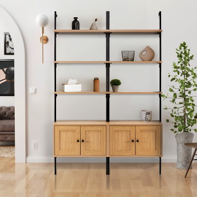 Light Oak and Black Wall-Mounted Ladder Bookcase with Cabinet