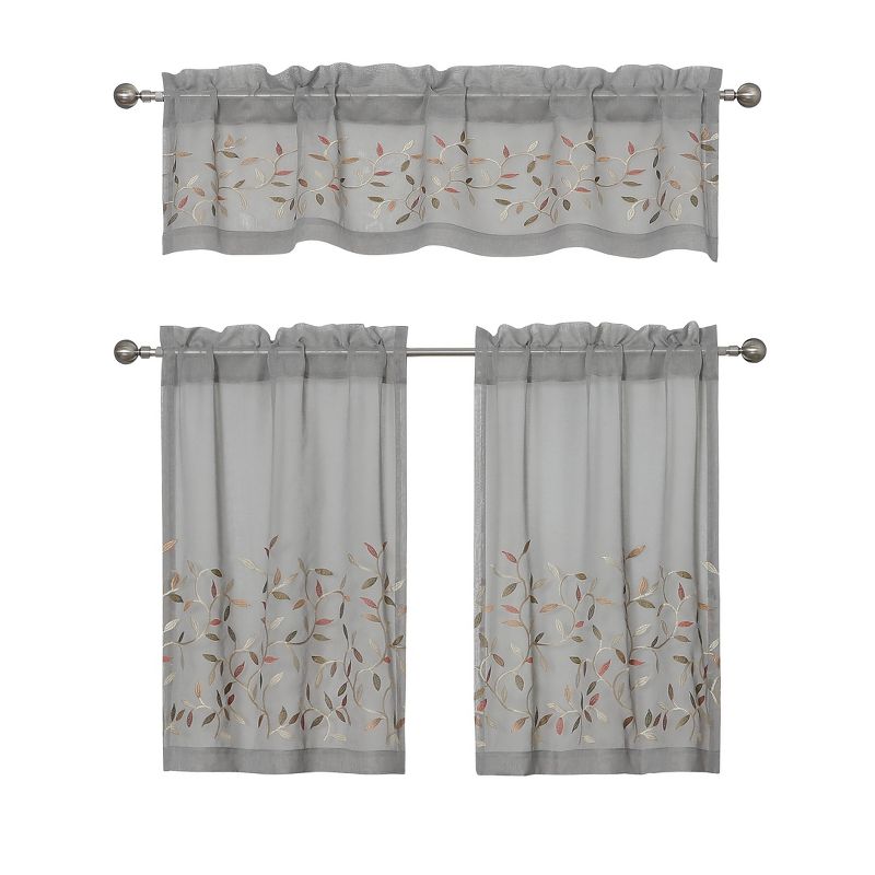 Kate Aurora Shabby Sheer Embroidered Complete 3 Piece Floral Rod Pocket Cafe Kitchen Curtain Tier & Valance Set, 2 of 8