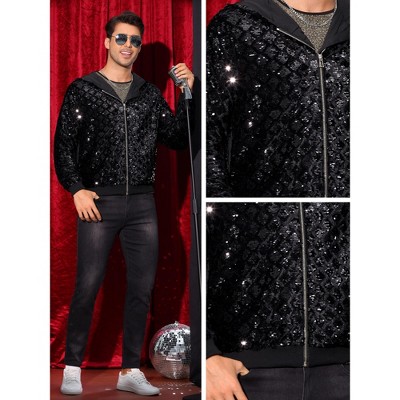Lars Amadeus Men's Long Sleeves Shiny Metallic Sequins Argyle Printed Hooded Jacket Black X Large — фото 4