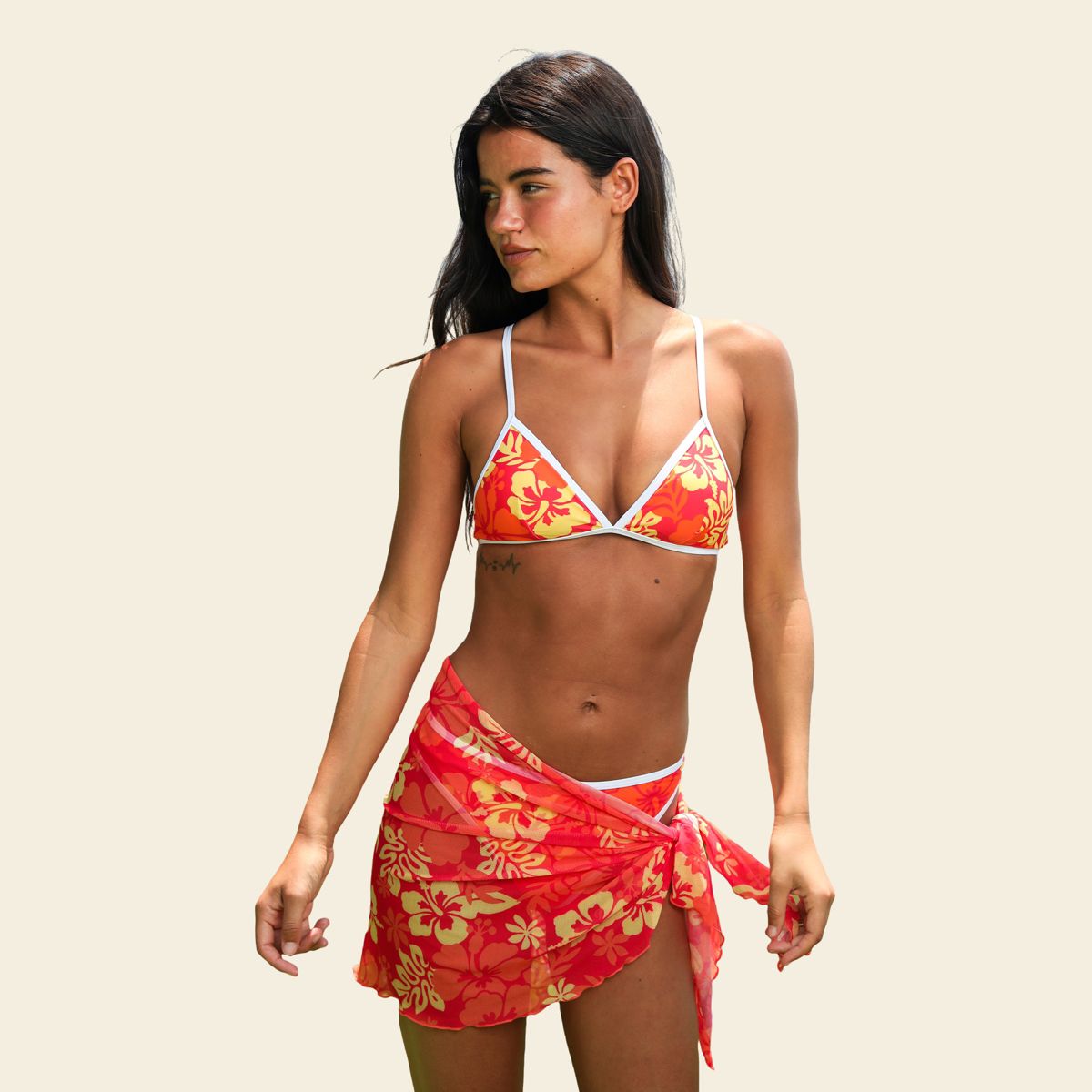 Cupshe Women's 3-Piece Tropical Floral Triangle Bikini Set With Sarong Skirt