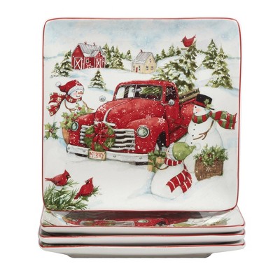 Set of 4 Red Truck Snowman Dinner Plates - Certified International