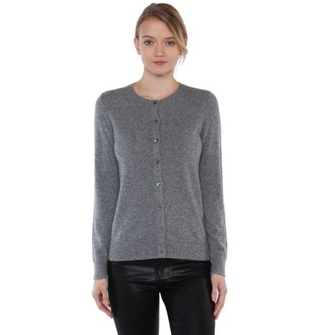 Jennie Liu Women's 100% Cashmere Button Front Long Sleeve Crewneck Cardigan Sweater Oatmeal