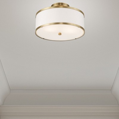 Antique Brass and Off-White Fabric Semi-Flush Mount Light