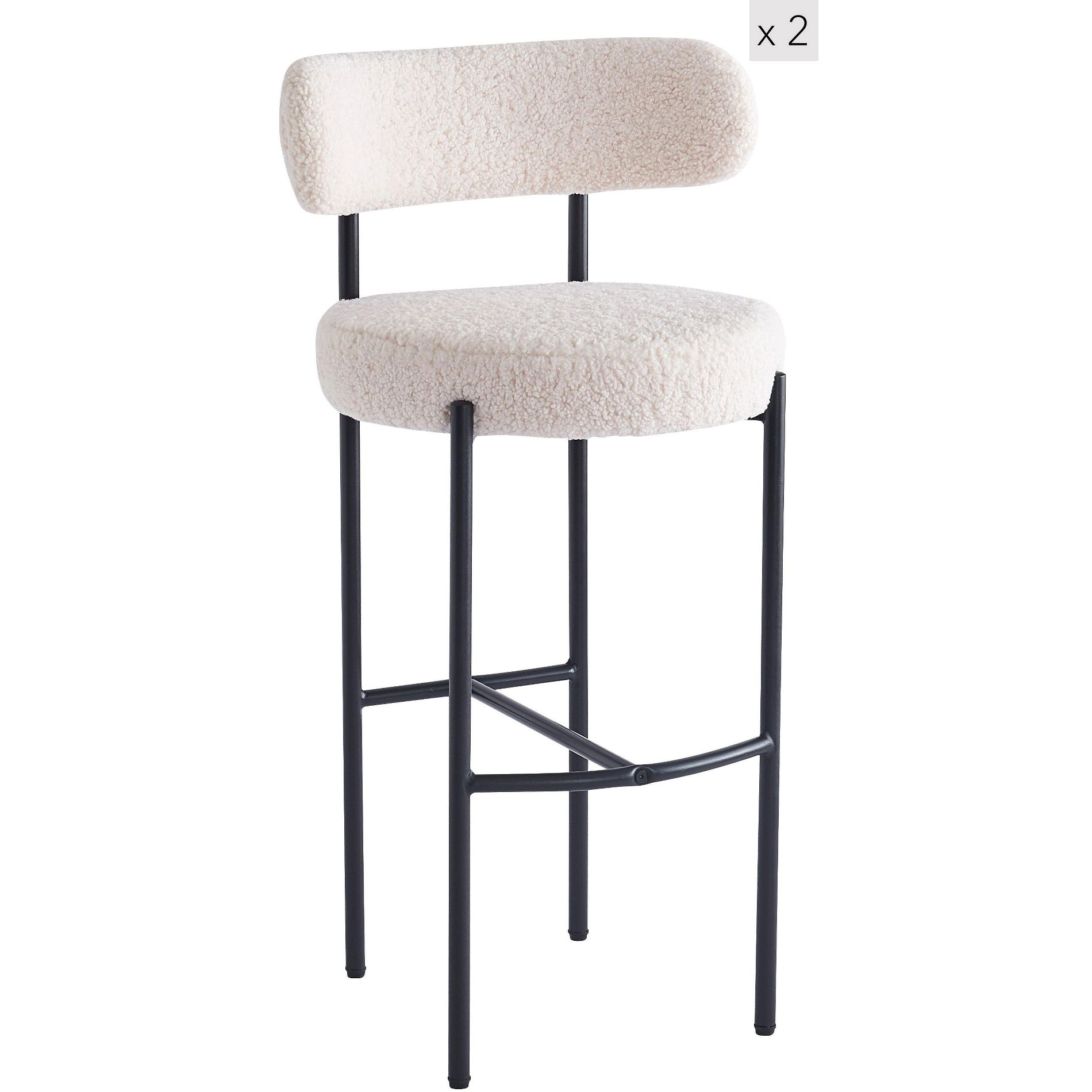 Set of 2 Metal White Bouclé Bar Stools, Modern Design Style ,Upholstery , Dining Room, BLANC
