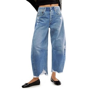 Imily Bela Womens Baggy Barrel Jeans Cropped Boyfriend Wide Leg Raw Hem Denim Pants - 1 of 4