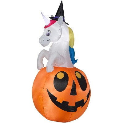 Gemmy Airblown Inflatable Unicorn w/Colorchanging Horn out of Pumpkin Scene (RGB), 5 ft Tall, Multicolored