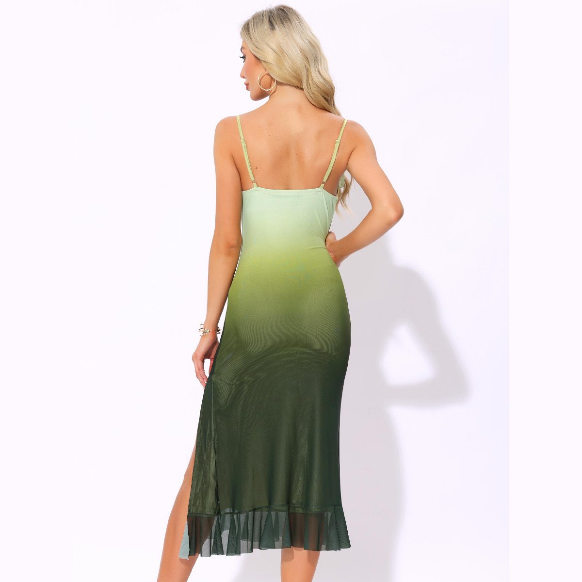 Женские платья INSPIRE CHIC Women's Spaghetti Strap Cowl Neck Stretchy Mesh Midi Dress Green Small — фото 3