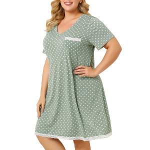 Agnes Orinda Women's Plus Size Pajamas Knit Lace Trim Polka Dots Short Sleeve Nightgowns - 1 of 4