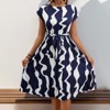 Women's Short Sleeved Round Neck Tie Waist Pleated Midi Dress Geometric Patterns - 2 of 4