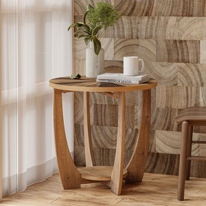 JIONJOY Farmhouse End Table with Lower Shelf   - Rustic Round Side Table for Living Room - 1 of 2