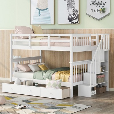 NicBex Full over Full Bunk Bed Wooden Bed Frame with 3 Drawers, Storage Stairs and Full Length Guardrail, No Box Spring Required