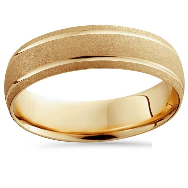 Pompeii3 14K Yellow Gold Mens Brushed Dome Double Line Wedding Band 6mm, 1 of 4