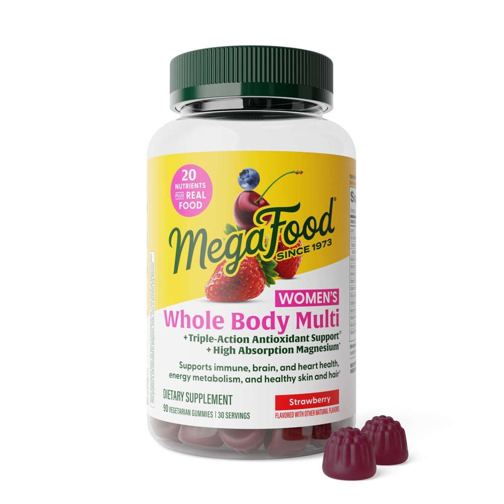 MegaFood Women's Multivitamin Gummies Whole Body, Brain & Heart Support, Strawberry, Vegetarian Gummies - 90ct