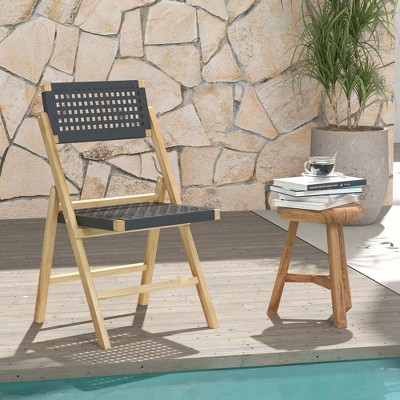 Natural Teak Wood Folding Patio Chairs with Black Woven Rope Seat, Set of 2