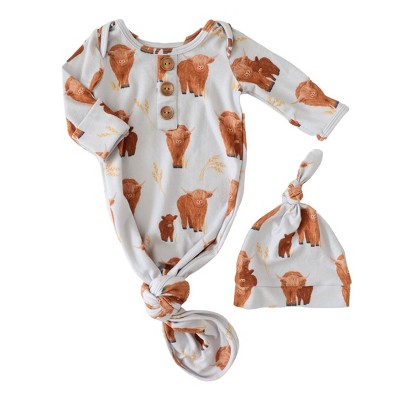 Image of Happy Highland Cows Newborn Baby Knot Gown & Hat Set