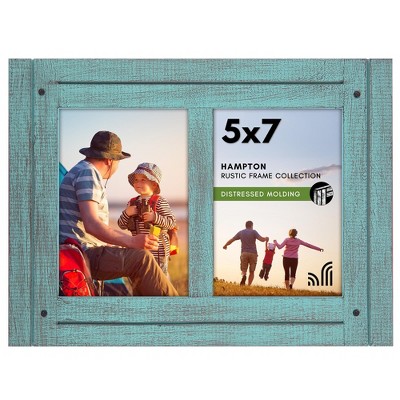 Americanflat Collage Picture Frame in with Two Displays Textured Wood and Polished Glass for Wall and Tabletop - Turquoise 5" x 7"