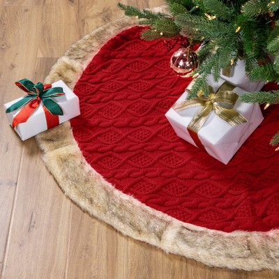 Red Cable Knit Christmas Tree Skirt with Faux Fur Trim - 48 Inch