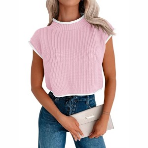 Clearlove Womens Summer Cropped Sweater Vest Trendy Cap Sleeve Crop Tops Crew Neck Loose Knit Tank Top - 1 of 4