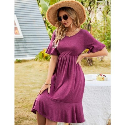 Женские платья KOJOOIN Dress Ruffled Sleeve High Waist A Line Dress Round Neck Fit and Flare Dress Flowy Dress with Flounce Hem,Wine - M — фото 4