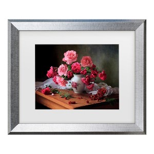 Trademark Fine Art - Tatyana Skorokhod Still Life With Roses And Berries Matted Framed Art - 1 of 4