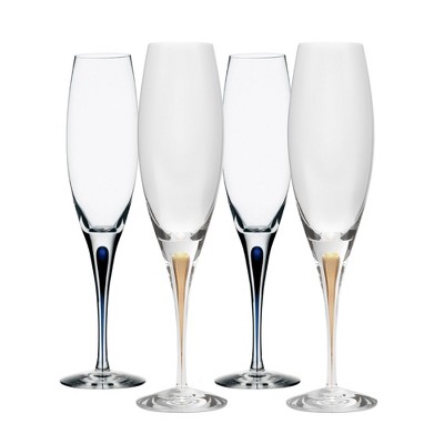 Orrefors Intermezzo 7 Fl. Oz. Stemmed Champagne Flute Glasses - Set of 4, Blue & Gold Drop - Kitchen & Dining Crystal Glassware - Dishwasher Safe