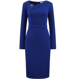 INSPIRE CHIC Women's Asymmetrical Neckline Long Sleeve Wear to Work Sheath Dress - 1 of 4