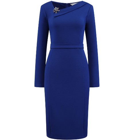 Hobemty Women s Asymmetrical Neckline Long Sleeve Wear To Work Sheath Dress Royal Blue Medium Target