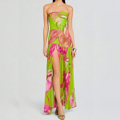 Clotth Women Tube Top Dress Slim Strapless Backless Mesh Patchwork Maxi Dress Strapless High Slit Long Dress Party Club Night Dress Clubwear