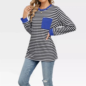 Womens Long Sleeve Tops Stripe Layered Look Top Lightweight Color Block Basic Tops Soft Sweatershirts Crew Neck T Shirt with Pockets - 1 of 4