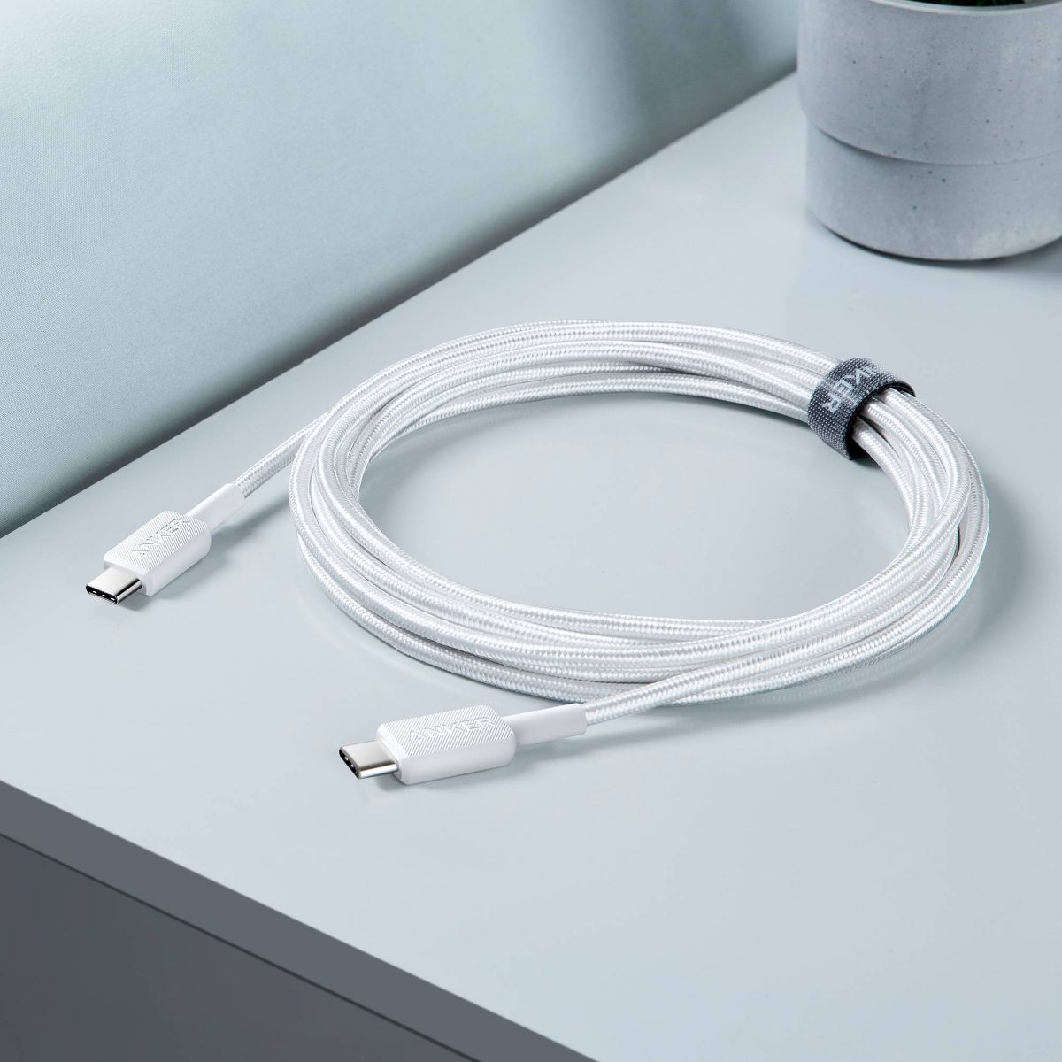 Anker 10' 60W Braided USB-C to USB-C Max Fast Charging Cable - White: Male-To-Male Cord - thumbnail 2