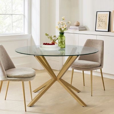 39'' Round Glass Dining Table for 4, Modern Kitchen Table with Angled Base, Clear Top and Natural Legs, Small Space Dining Table-Maison Boucle