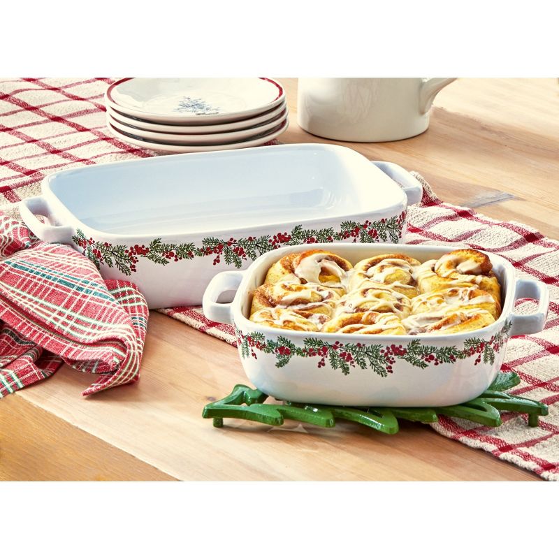 tag "Farmhouse Christmas" Collection White Stoneware with Holly Trim Small Rectangle Baking Dish, 10.5"L x 8.4"W x 2.50"H 56.0 oz,, 1 of 3