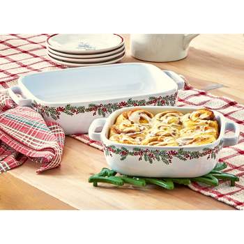tag "Farmhouse Christmas" Collection White Stoneware with Holly Trim Small Rectangle Baking Dish, 10.5"L x 8.4"W x 2.50"H 56.0 oz,