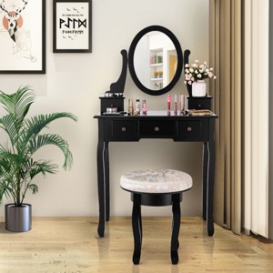 Costway Vanity Table Makeup Table Cushioned Mirror 5 Drawers Black - 1 of 4