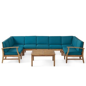GDFStudio Abena Outdoor Acacia Wood 9 Seater Sectional Sofa Chat Set with Cushions - 1 of 4