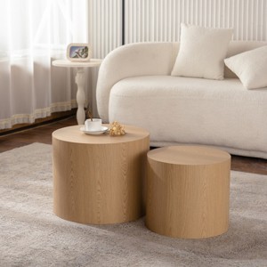 2-Piece Nesting Round Coffee Table Set,Modern Wooden Drum End Tables,Space Saving Accent Tables for Living Room Bedroom-Baofuwish - 1 of 4
