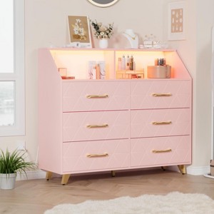 Bedroom Dresser with LED Lights & Charging Station, Wood 6 Drawer Dresser for Bedroom - 1 of 4