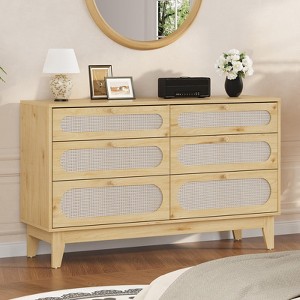 52.1" Rattan Bedroom Dresser, 6 Drawer Wood Dresser - Frame Feet, Charging Station, Large - 1 of 4