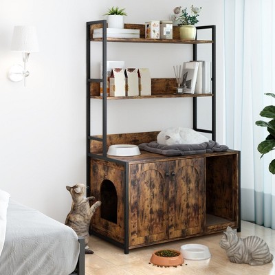 Cat Litter Box Enclosure Furniture, Hidden Litter Box with Scratch Pad Wooden Cat Washroom Storage with 2 Doors and Shelf Cat Cabinet-Brown