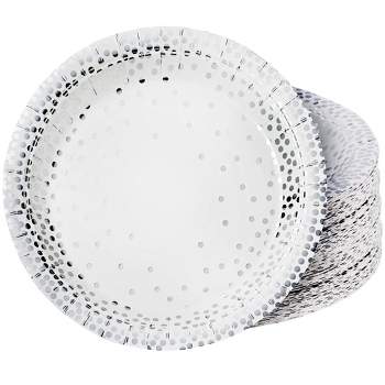 Juvale 48 Pack Metallic Silver Party Plates with Confetti Foil Polka Dots, 9 In