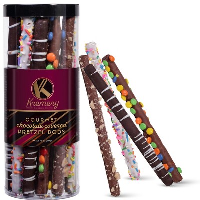 KREMERY Creamy Chocolate Cravings - Chocolate Covered Pretzel Rods Gift Basket, in Clear Tube (8 Pretzels, Assorted Sweet Toppings)