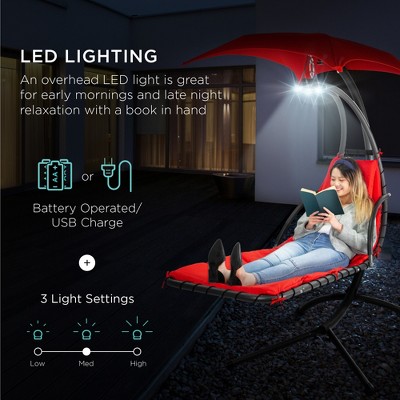 Curved Red Hanging Chaise Lounge Chair with LED Light and Canopy